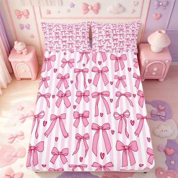 Manfei Pink Princess Bowtie Fitted Sheet Full,Cute Pink Loves Pattern Bed Set,3pcs,1 Fitted Sheet and 2 Pillowcases