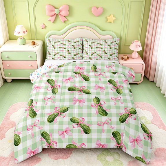 Manfei Pink Princess Bowtie King Size Comforter Sets,Cartoon Cucumber Print Comforters King Size,Colorful Stars Reversible,3 Pieces,1 Comforter and 2 Pillowcases