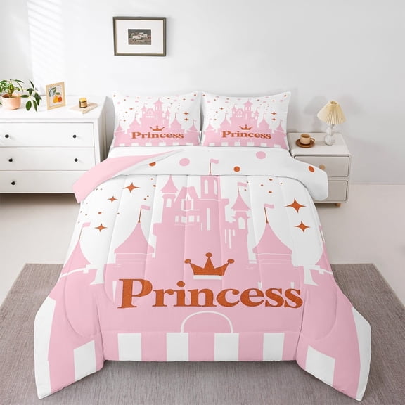 Manfei Pink Princess Castle Bedding Comforter Set,Stars Crown Pattern Twin Comforter Sets,Glitter Print Bedding Set For Girls Teens,Ultra Soft Home Decor Reversible,2 Pieces