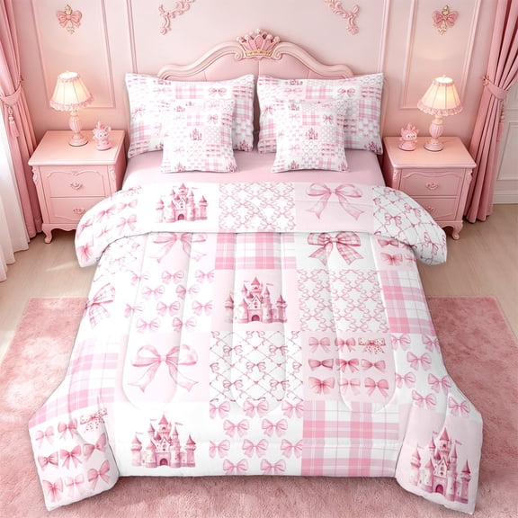 Manfei Pink Princess Castle Bow 7-Piece Twin Bedding Sets For Kids Girls,Patchwork Geometric Plaid Bedding Comforter Set,Pink Reversible