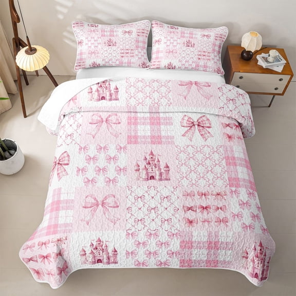 Manfei Pink Princess Castle Bow Bed Spread Queen For Kids Girls,Patchwork Geometric Plaid Queen Coverlet Set,3pcs
