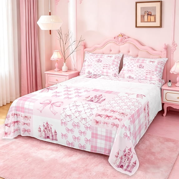 Manfei Pink Princess Castle Bow Full Size Sheets For Kids Girls,Patchwork Geometric Plaid Bed Sheets,4-Piece
