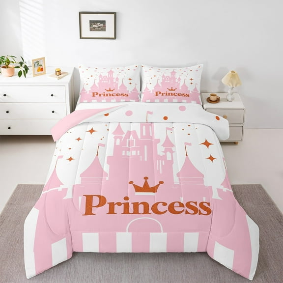 Manfei Pink Princess Castle Full Size Comforter Sets,Stars Crown Pattern Bedding Comforter Set,Glitter Print Bedding Sets For Girls Teens,Ultra Soft Home Decor Reversible,3pcs
