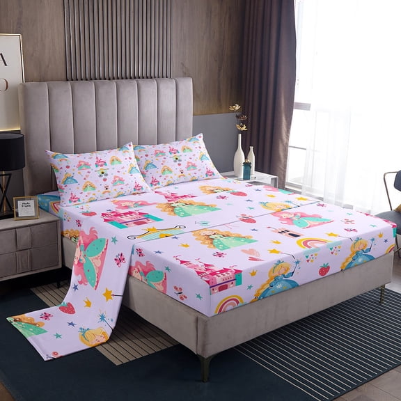 Manfei Pink Princess Castle Full Size Sheets,Kawaii Bowtie Ribbon Bed Sheets,Cute Rainbow Stars Print Sheet Sets For Girls Kids,Microfiber Bedroom Decor,4pcs