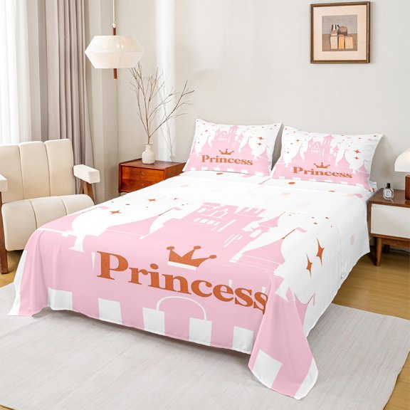 Manfei Pink Princess Castle Full Size Sheets,Stars Crown Pattern Bed Sheets,Glitter Print Sheet Sets For Girls Teens,Ultra Soft Home Decor,4pcs