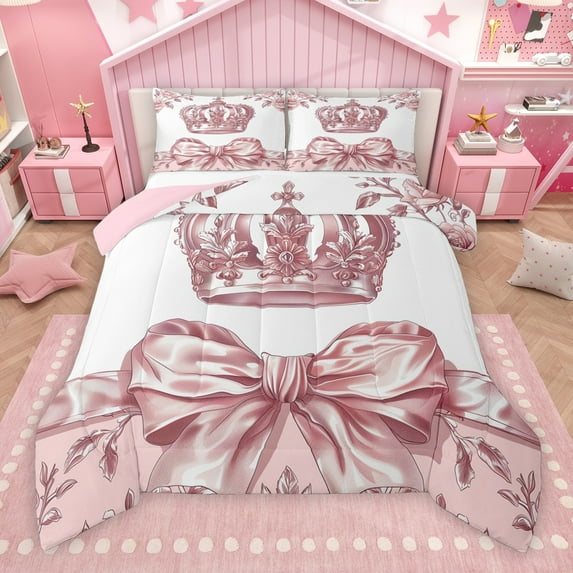 Manfei Pink Princess Crown Bedding Comforter Set for Girls, Vintage Flower Bowknot Twin Comforter Sets, Chic Ribbon Reversible Bedding Set, Lightweight Room Decor, 2-Piece