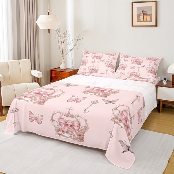 Manfei Pink Princess Crown Twin Sheet Sets,Girl Fairy Tale Twin Fitted Sheet,Dreamy Butterfly Flat Sheet For Teens,Breathable Home Decor,3 Pieces