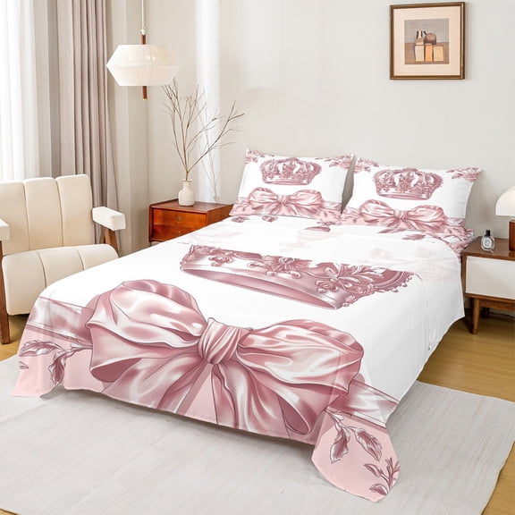 Manfei Pink Princess Crown Twin Sheet Sets for Girls, Vintage Flower Bowknot Twin Fitted Sheet, Chic Ribbon Flat Sheet, Lightweight Room Decor, 3-Piece