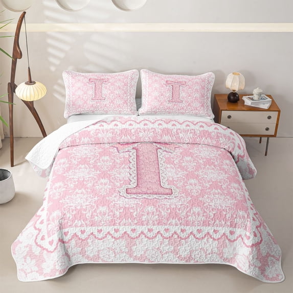 Manfei Pink Princess Letter I Bow Twin Quilt Set, Boho Damask Flower Twin Coverlet Set for Girls Women, 2 Pieces