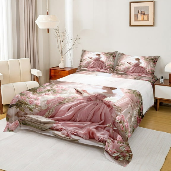 Manfei Pink Princess Twin Sheet Sets 3pcs for Kids Girls, Chic Floral Flower Twin Fitted Sheet, Girly Cottage Flat Sheet, Ultra Soft Home Decor