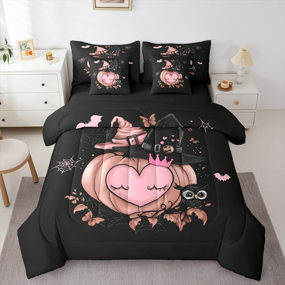 Manfei Pink Pumpkin 7-Piece Bedding Comforter Set,Cute Owl King Bedding Sets,Happy Halloween Bed Sheets For Girls Boys,Super Cozy Room Decor Reversible