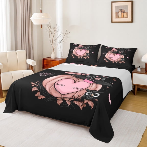 Manfei Pink Pumpkin Full Size Sheets,Cute Owl Bed Sheets,Happy Halloween Sheet Sets For Girls Boys,Super Cozy Room Decor,4-Piece