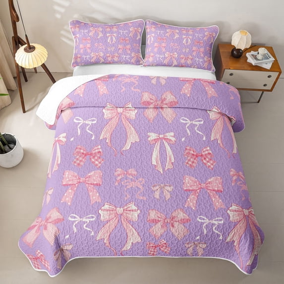 Manfei Pink Purple Bow Twin Quilt Set For Kids,Cute Coquette Bow Pattern Twin Coverlet Set For Girl,2pcs