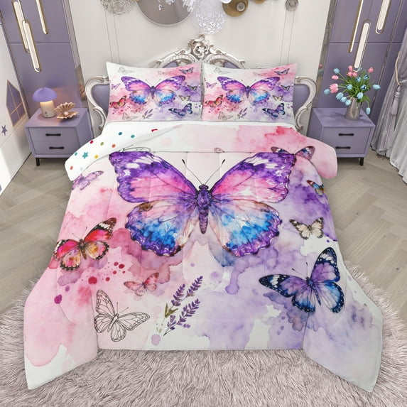 Manfei Pink Purple Butterfly Full Size Comforter Sets for Girls, Kawaii Watercolor Animals Bedding Comforter Set, Cartoon Lavender Reversible Bedding Sets, Luxury Bedroom Decor, 3 Pieces
