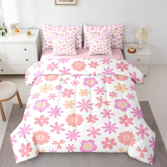 Manfei Pink Purple Daisy Bedding Comforter Set 7-Piece,Flower Floral Queen Bedding Sets,Cartoon Pattern Queen Sheet Sets For Kids,Lightweight Room Decoration Reversible