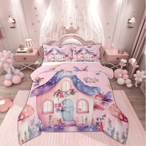 Manfei Pink Purple Elf Full Size Comforter Sets for Teen, Kawaii Magic Fairy Bedding Comforter Set, Cartoon House Reversible Bedding Sets, Microfiber Bedroom Decor, 3 Pieces
