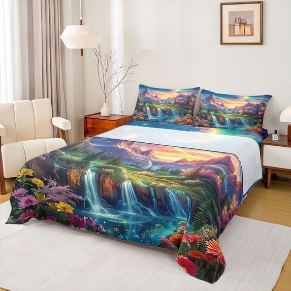 Manfei Pink Purple Floral Bed Sheets,Kawaii Flowers Blossom King Sheets,Narural Waterfall Orange Sunset Sheet Set For Girls,Breathable Home Decor,4-Piece