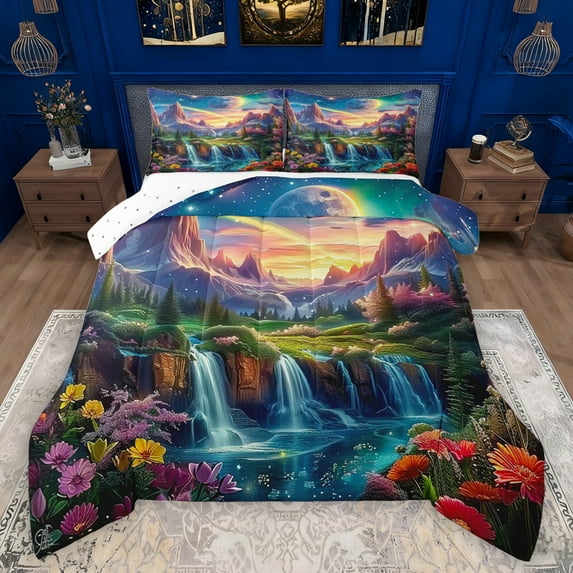 Manfei Pink Purple Floral Full Size Comforter Sets,Kawaii Flowers Blossom Bedding Comforter Set,Narural Waterfall Orange Sunset Bedding Sets For Girls,Breathable Home Decor Reversible,3 Pieces