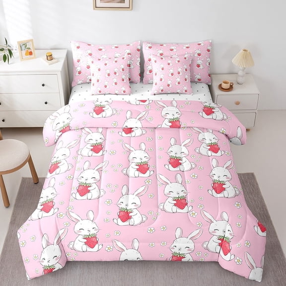 Feelyou Pink Rabbit Bedding Comforter Set 7 Pieces, Cartoon Strawberry Bunnies Full Bedding Set, Kawaii Animal Fitted Sheet Flat Sheet, Microfiber Bedroom Decorative