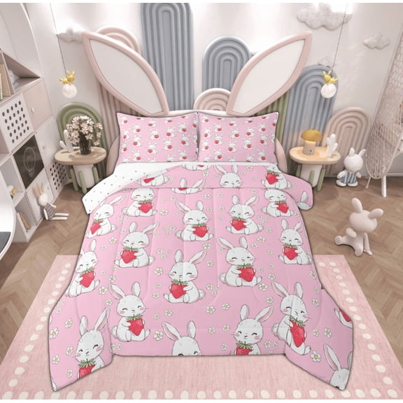 Feelyou Pink Rabbit Full Size Comforter Sets, Cartoon Strawberry Bunnies Bedding Comforter Set, Kawaii Animal Bedding Sets, Microfiber Bedroom Decorative, 3-Piece