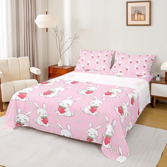 Feelyou Pink Rabbit Twin Sheet Sets, Cartoon Strawberry Bunnies Twin Fitted Sheet, Kawaii Animal Flat Sheet, Microfiber Bedroom Decorative, 3-Piece
