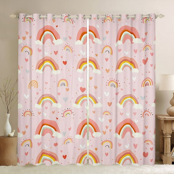 Manfei Pink Rainbow Black Out Curtains for Child Girl, Kawaii Love Heart Print Curtains Pack of 2 (42x63 Each), Dreamy Princess Bedroom Curtains, Luxury Room Decor
