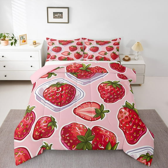 Manfei Pink Red Strawberry Bedding Comforter Set, Cartoon Fruit Print Twin Comforter Sets, Teen Kid Child Reversible Bedding Set, Ultra Soft Home Decor, 2pcs