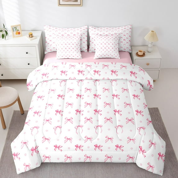 Manfei Pink Ribbon Bedding Full Size, Princess Cartoon Bedding Sets Full Size, Cute Bowknot Reversible Comforter Sets with Sheets, Ultra Soft Room Decor, 7 Pieces