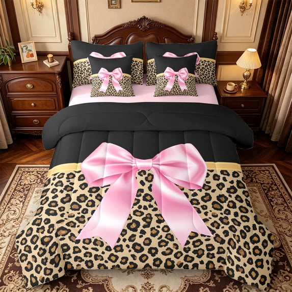 Manfei Pink Ribbon Bow 7-Piece Twin Bedding,Fashion Cheetah Pattern Bedding Comforter Set,Pink Reversible