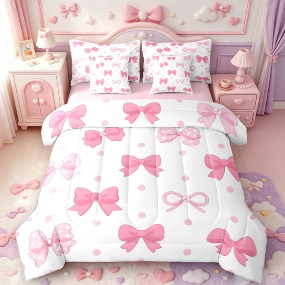 Manfei Pink Ribbon Bow 7pcs Queen Bedding,Fashion Polka Dot Bedding Comforter Set Queen,Pink Reversible