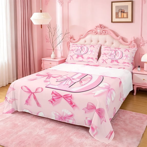 Manfei Pink Ribbon Bow Bed Sheets For Girls,Kids Letter D Personalized King Sheets,4 Pieces