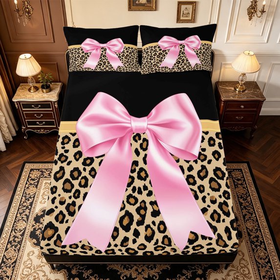 Manfei Pink Ribbon Bow Fitted Sheet Queen,Fashion Cheetah Pattern Bedding,3-Piece,1 Fitted Sheet and 2 Pillowcases