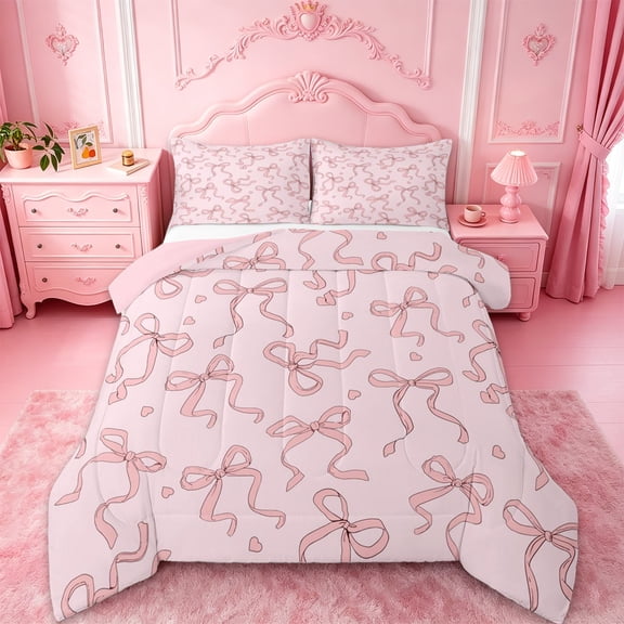 Manfei Pink Ribbon Bow Full Size Comforter Sets For Girls,Bowknot Heart Print Bedding Sets For Kids,Pink Reversible,3pcs