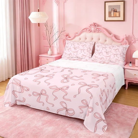 Manfei Pink Ribbon Bow Full Size Sheets For Girls,Bowknot Heart Print Bed Sheets For Kids,4pcs