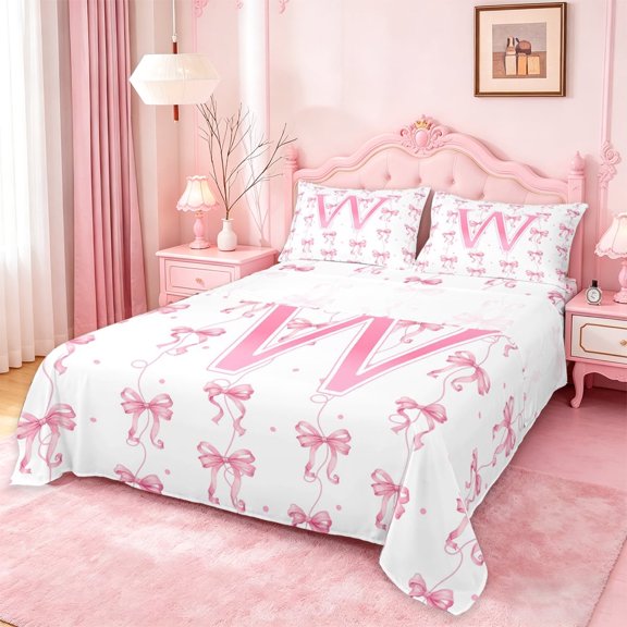 Manfei Pink Ribbon Bow Full Size Sheets For Girls,Cartoon 3D Letter W Personalized Bed Sheets For Kids,4-Piece