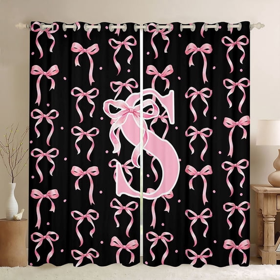 Manfei Pink Ribbon Bow Letter Monogrammed S Black Out Curtains for Teens Girls,Kids Cartoon Bowknot Polka Dots Curtains Pack of 2 (42x63 Each),Breathable Home Decor