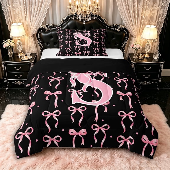 Manfei Pink Ribbon Bow Letter Monogrammed S Twin Comforter Sets 3-Piece for Teens Girls,Kids Cartoon Bowknot Polka Dots Bedding Set,Black Reversible,Breathable Home Decor