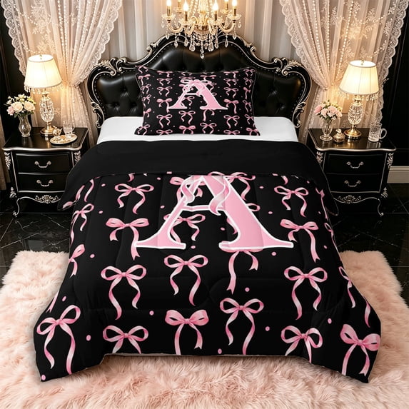 Manfei Pink Ribbon Bow Letter Monogrammed A Twin Comforter Sets 3-Piece for Teens Girls,Kids Cartoon Bowknot Polka Dots Bedding Set,Black Reversible,Luxury Bedroom Decor