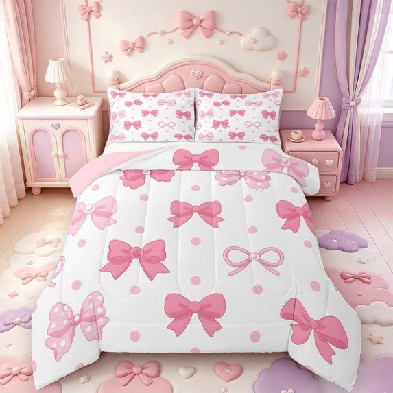 Manfei Pink Ribbon Bow Queen Comforter Set,Fashion Polka Dot Comforter Sets Queen,Pink Reversible,3-Piece,1 Comforter and 2 Pillowcases