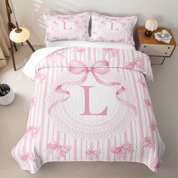 Manfei Pink Ribbon Bow Quilt King For Kids,Princess Bowtie Theme L Monogram King Coverlet Set For Girls,3-Piece