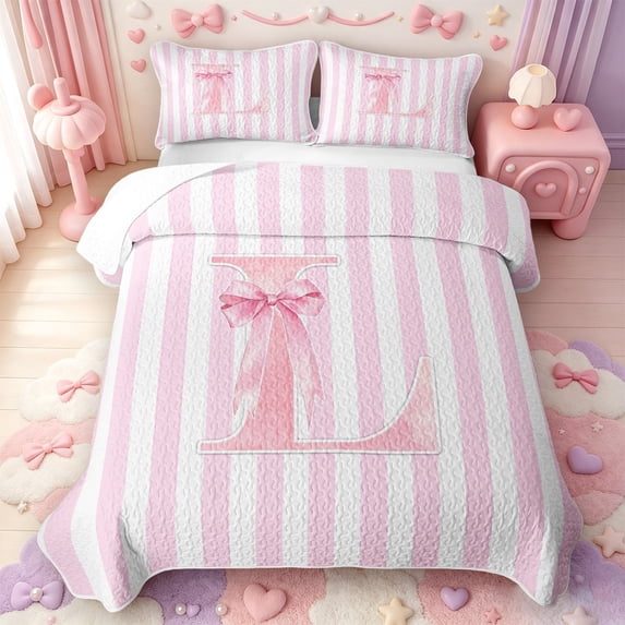 Manfei Pink Ribbon Bow Tie Quilt King,Alphabet L Pattern King Coverlet Set,3pcs,1 Bedspread and 2 Pillowcases