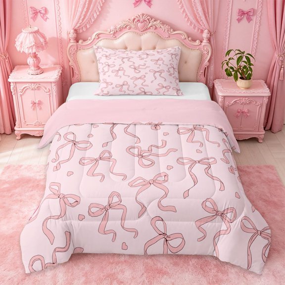 Manfei Pink Ribbon Bow Twin Comforter Sets For Girls,Bowknot Heart Print Bedding Set For Kids,Pink Reversible,2 Pieces
