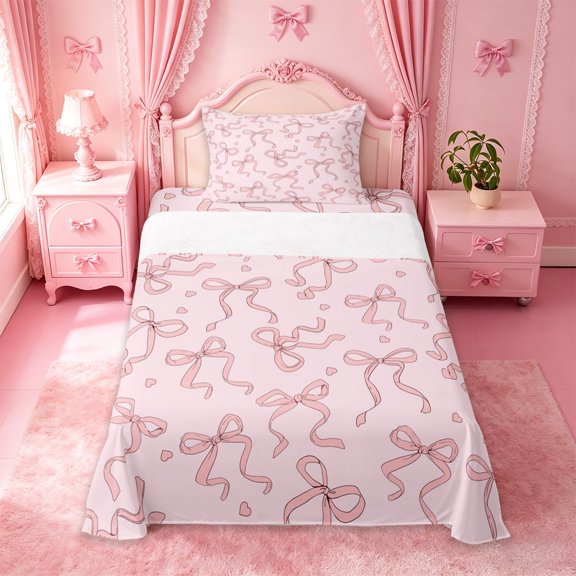 Manfei Pink Ribbon Bow Twin Sheet Sets For Girls,Bowknot Heart Print Bedding For Kids,3 Pieces
