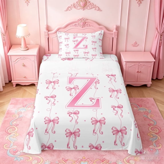 Manfei Pink Ribbon Bow Twin Sheet Sets For Girls,Cute Letter Z Initial Bedding For Kids,3pcs