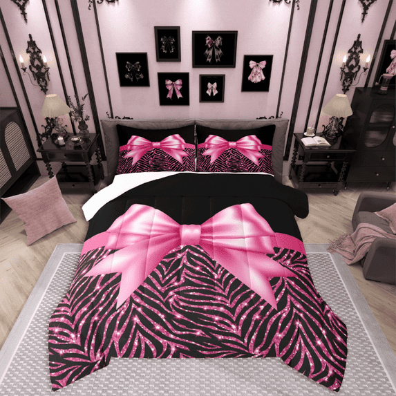 Manfei Pink Ribbon Bowknot 2pcs Twin Comforter Set - Zebra Glitter Print