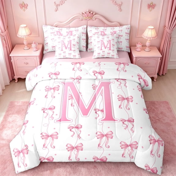 Manfei Pink Ribbon Bowknot 7-Piece Twin Bedding Sets For Girls,Cartoon 3D Letter M Personalized Bedding Comforter Set For Kids,Pink Reversible
