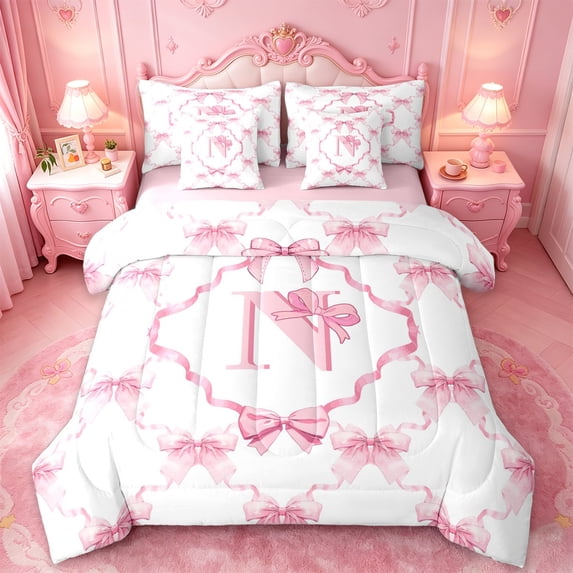 Manfei Pink Ribbon Bowknot 7pcs Bedding Comforter Set For Kids,Letter N Monogram Queen Bedding Sets For Girls,Pink Reversible
