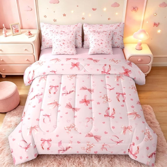 Manfei Pink Ribbon Bowknot 7pcs Queen Bedding,Cute Stars Heart Bedding Comforter Set Queen,Pink Reversible