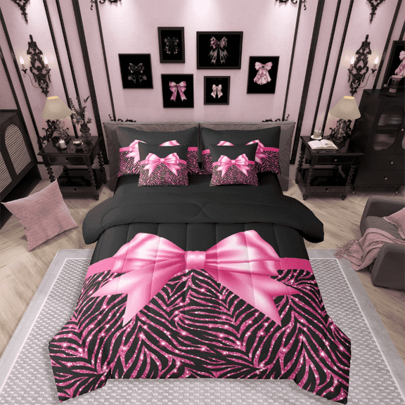 Manfei Pink Ribbon Bowknot 7pcs Twin Bedding Set - Zebra Glitter Print