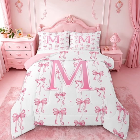 Manfei Pink Ribbon Bowknot Full Size Comforter Sets For Girls,Cartoon 3D Letter M Personalized Bedding Sets For Kids,Pink Reversible,3 Pieces